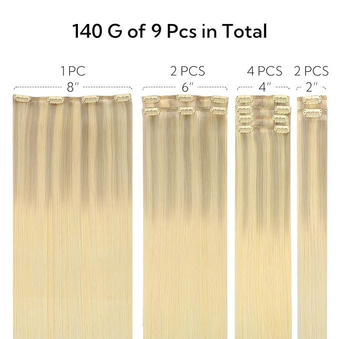 HOTBANANA Clip in Hair Extensions Real Human Hair, 150g 9pcs 24 inch Ash Blonde to Golden and Platinum Blonde Straight Remy Clip in Extensions Full Head for Women