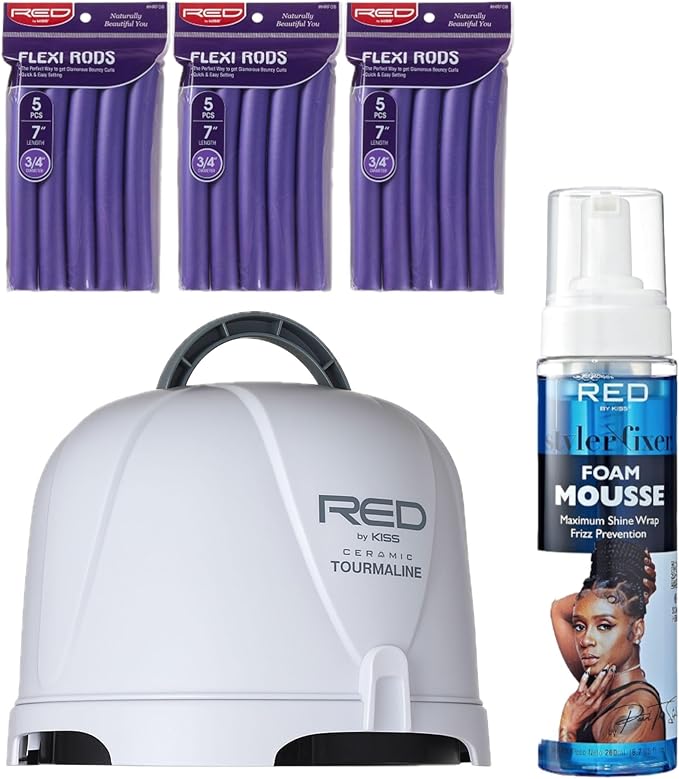 Red by Kiss Salon Styling Bundle – Professional Ceramic Tourmaline Hood Dryer + Foaming Wrap Mousse with Jamaican Black Castor Oil + Flexi Rods 3-Pack for Heatless Curls, Shine & Frizz Control