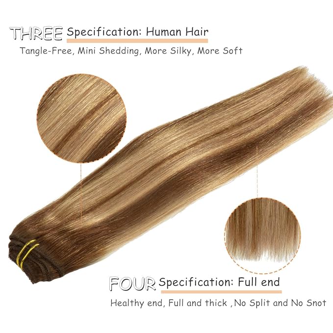 Caliee Hair Extensions Clip in Human Hair Ombre Chocolate Brown #4 to Chocolate Brown #4 and Caramel Blonde #27 with Lace Straight Real Human hair, 120g, 7Pcs 14 inch