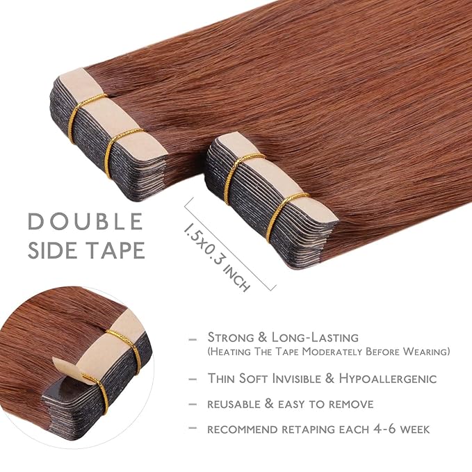 WENNALIFE Tape in Hair Extensions Human Hair, 20pcs 50g 24 inch Dark Auburn Copper Remy Hair Extensions Straight Human Hair Tape in Extensions Skin Weft Tape Extensions Human Hair