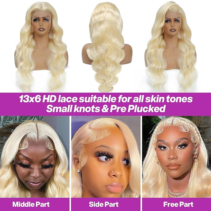 613 13x6 Lace Front Wig Human Hair Body Wave Blonde Wig Human Hair HD Transparent Lace Frontal Wigs for Women 200 Density Glueless Wigs Pre Plucked With Baby Hair 34 Inch