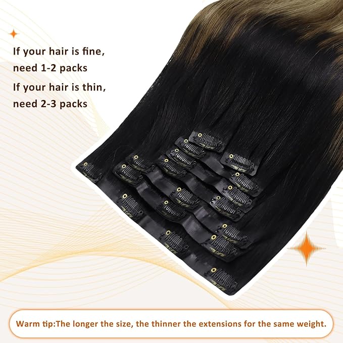 Full Shine Clip in Hair Extensions Black Hair Extensions Ombre Hair Extensions Clip Ins，16 Inch Natural Black To Medium Brown And Honey Blonde Invisile Hair Extensions With Pu Skin Weft 8pcs 120g