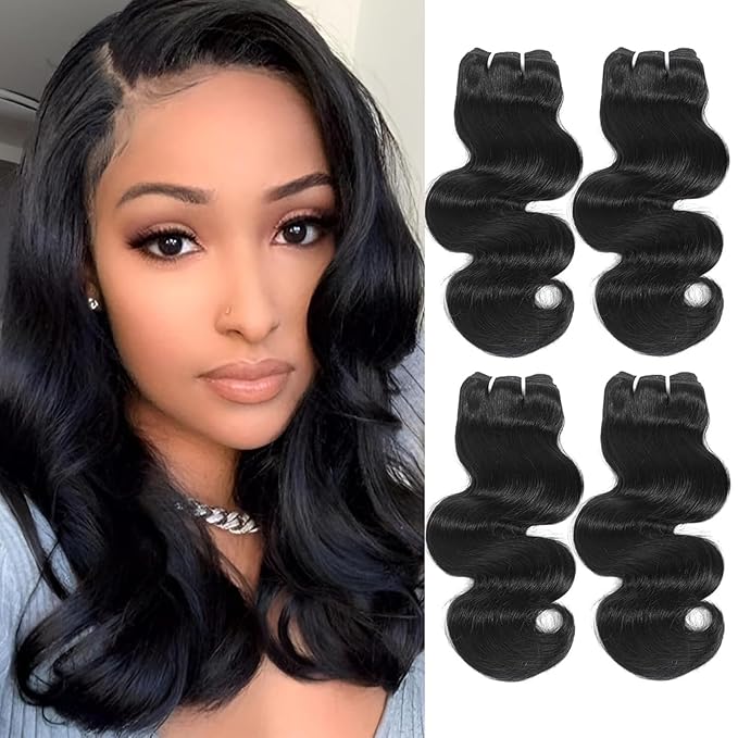 12A Brazilian Virgin Human Hair Body Wave 4 Bundles (12-12-14-14 Inch) – Unprocessed, Natural Black, Quick Weave for Occasion & Daily Looks