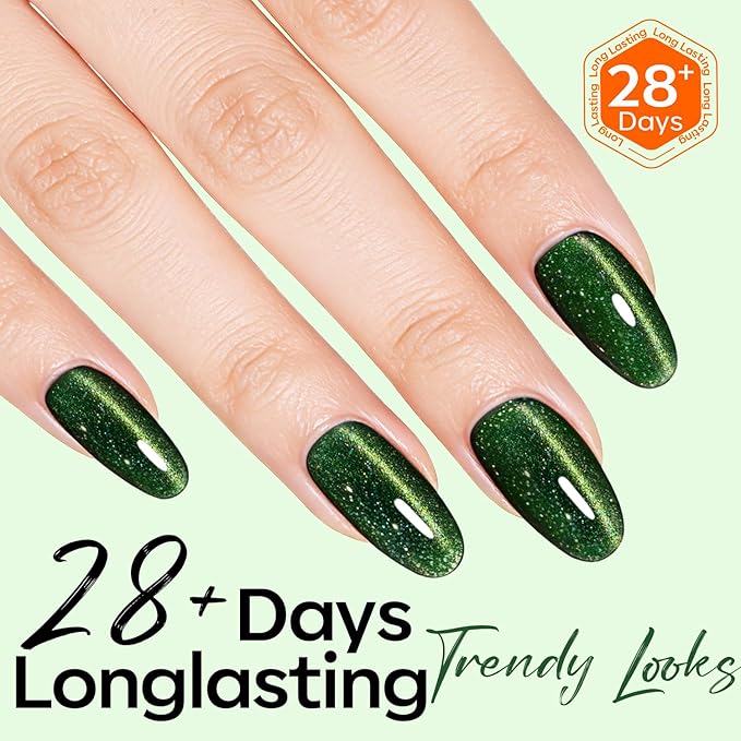 modelones Cat Eye Gel Nail Polish Green Gel Nail Polish Sparkle Reflective Shimmer Glitter Green Christmas Polish 9D with Magnetic Soak Off LED Nail Art DIY 15 ML