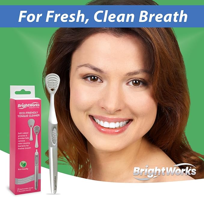 Brightworks ECO Tongue Cleaner – 100% PCR with Aluminum Handle - Dual-Sided Soft Rubber Grooves & Bristle Design - 2 Replaceable Heads + 1 Reusable Handle for Fresher Breath