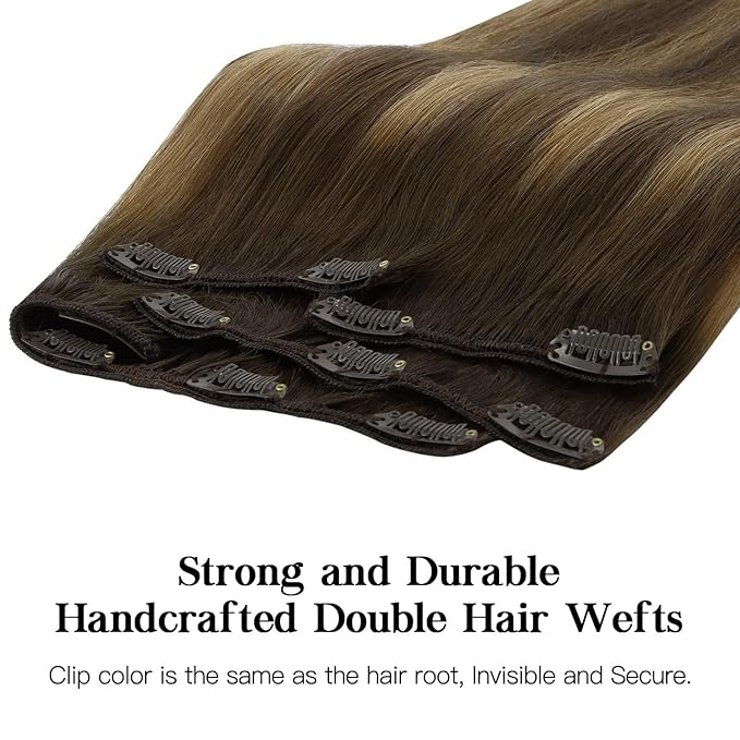 HOTBANANA Human Hair Clip in Hair Extensions, Balayage Chocolate Brown Mixed Caramel Blonde 120g Clip in Hair Extensions Real Human Hair Straight Remy Hair Clip Ins Dark Roots Ombre 14 Inch 7pcs