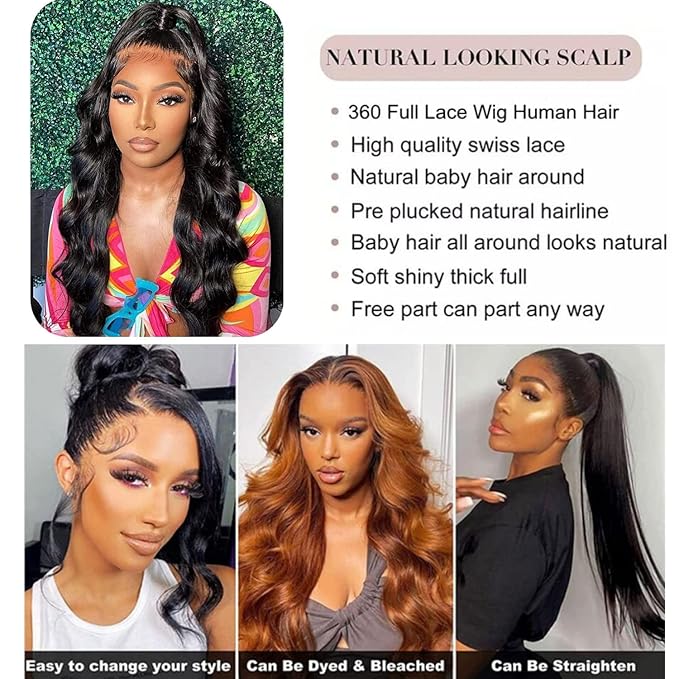 Full 360 Lace Front Wigs Human Hair Pre Plucked 200% Density HD Transparent Body Wave Lace Front Wigs Virgin Human Hair Wigs 360 Lace Frontal Wigs for Women (24inch,360 Body Wave wig)