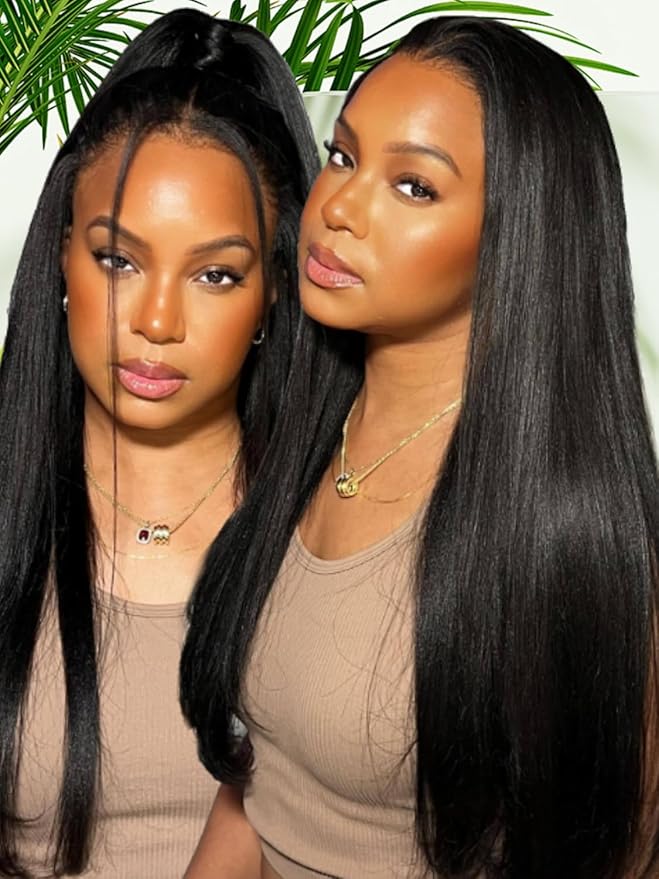 Sunber Yaki Straight Human Hair Pre Everything 13x4 Lace Frontal Glueless Wig Pre Cut Lace Pre Bleached Invisible Knots 180% Density Put on Go Bye Bye Knots No Glue 16Inch Yaki Straight Human Hair Wig