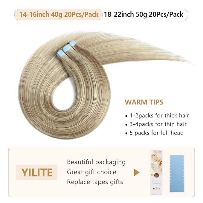 YILITE Tape in Remy Hair Extension Color 18 Ash Blonde Highlighted 613 Bleach Blonde Hair Extensions Tape ins 14 Inch Skin Weft Tape in Hair Extensions 40g 20PCS (14inch P18/613）