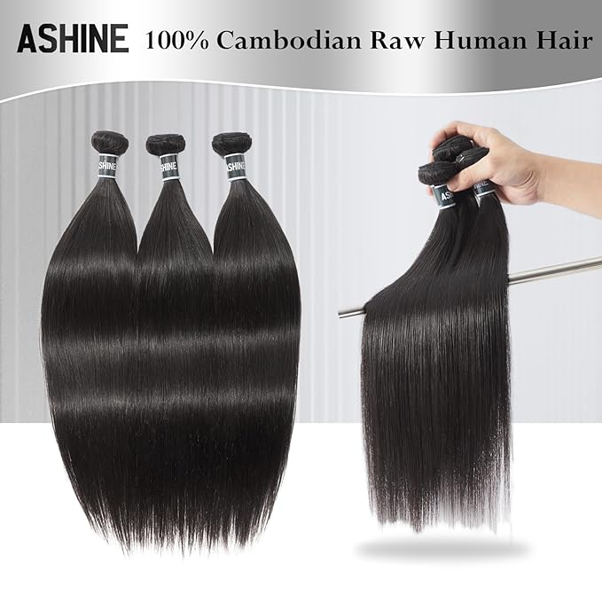 ASHINE Human Hair Bundles Body Wave Straight, Unprocessed Cambodian Raw Hair Bundles for Women Natural Black 14 16 18 Inch, Keep Soft and Silky After Multiple Washes