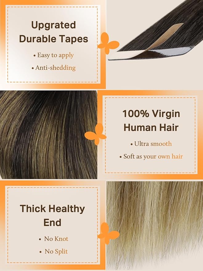 DOORES Tape in Human Hair Extensions, Balayage Dark Brown to Chestnut Brown and Dirty Blonde 40pcs 100g 20 Inch, Remy Hair Extensions Tape in Real Natural Hair Straight