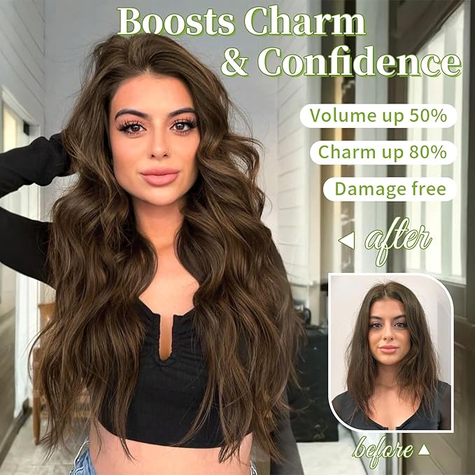 KooKaStyle Invisible Wire Hair Extensions with Transparent Wire Headband Adjustable Size 4 Secure Clips Long Wavy Hairpiece 20 Inch Medium Brown for Women