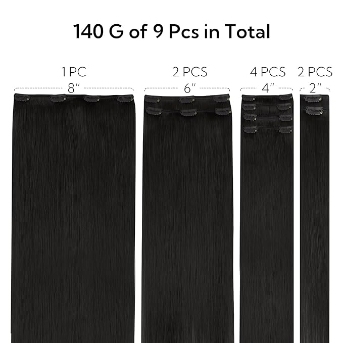 HOTBANANA Clip in Hair Extensions Real Human Hair, 150g 9pcs 24 inch Natural Black Straight Remy Clip in Extensions Full Head for Women