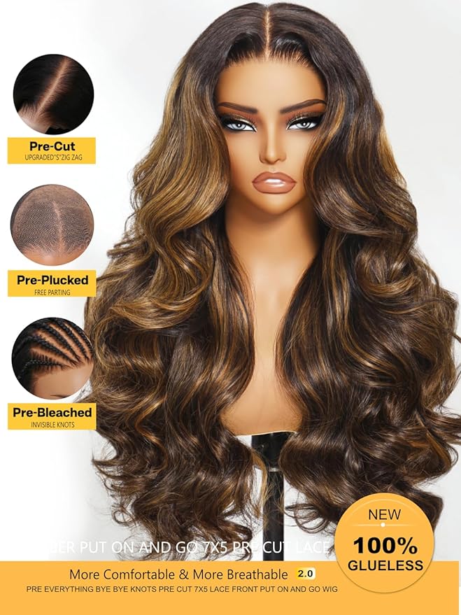 Sunber Bye Bye Knots 7x5 Lace Front Glueless Ombre Brown Highlight Body Wave Human Hair Wigs Pre Plucked Invisible Knots Pre Everything 3S Ready to Wear Highlgiht Brown Body Wave Wig 18Inch