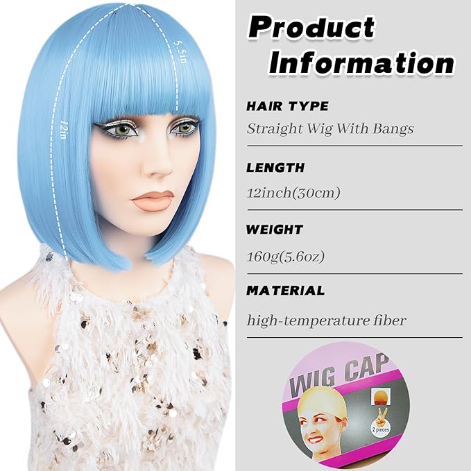 MAYSA Blue Bob Wig With Bangs Short Straight Bob Wig for Women Cosplay Daily Party Synthetic Colorful Wigs 12Inch # Baby Blue
