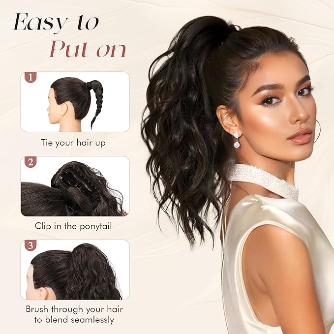 SOFEIYAN Ponytail Extension, 16 inch Claw Clip Ponytail Extension Wavy Curly Ponytails Synthetic Pony Tails Hair Extensions Natural Fake Hairpiece for Women - Black