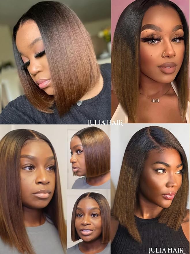 Julia Hair 14 Inch Light Yaki Bob Wigs Human Hair Glueless Bye Bye Knots 7x5 HD Pre Cut Lace Wig Chestnut Brown Ombre Human Hair Lace Closure Pre Plucked Bleached Invisible Knots Natural Hairline