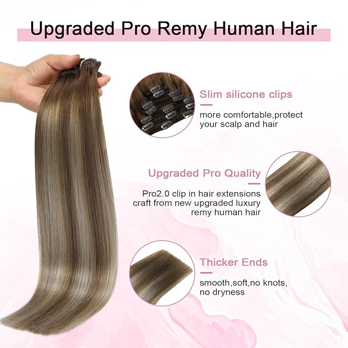 Pro2.0 Remy Clip in Extensions Real Human Hair #3/8/22 Walnut Brown to Ash Brown and Golden Blonde Clip in Hair Extensions Real Human Hair 18inch 120g Thick 7pcs Double Weft（#3/8/22-18inch）