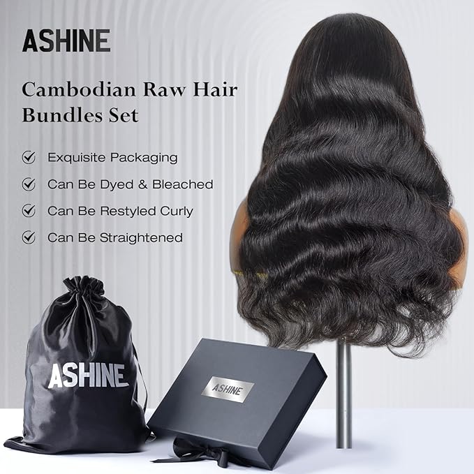 ASHINE Human Hair Bundles Body Wave Straight, Unprocessed Cambodian Raw Hair Bundles for Women Natural Black 22 24 26 Inch, Keep Soft and Silky After Multiple Washes