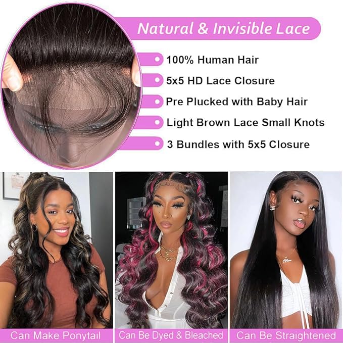 12A Body Wave Human Hair Bundles with Closure (16 18 20 +14,Free Part) Closure with 3 Bundles Brazilian Virgin Hair Extensions with Pre Plucked with Baby Hair 5X5 HD Lace Closure Natural Black Color