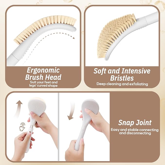 New Foot Brush & Foot File Set(2PCS), 3-in-1 Foot Scrubber in Shower, 10.2’’-27.5’’Adjustable Long Handle Foot Scrub Brush and Upgrade Foot File Callus Remover, Gift-Box Packed(White Set)