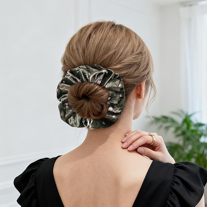 2-Piece Velvet Hair Scrunchies, Big Non Slip Polka Dot Hair Ties for Daily Styling, Parties & Workouts, No Damage Scrunchy Ponytail Holders Hair Accessories for Women & Girls (Pink & Coffee)
