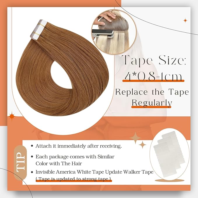 Full Shine Tape in Hair Extensions Human Hair Color 330 Copper Brown Adhesive Tape in Extensions 20Inch Long Remy Seamless Skin Weft for Women 40Pcs 100Gram Natural Straight
