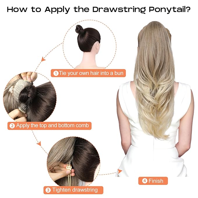 SEIKEA Versatile Drawstring Ponytail Extension, 18" Long Wavy Multi Layered Clip in Ponytail Hair Extensions Stand Up High Fake Pony Tail Soft Natural Synthetic Hairpiece Dark Blond/White Blonde