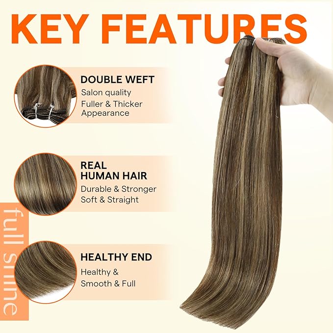 Full Shine 24 Inch Sew In Hair Extensions Real Human Hair Weft Hair Extensions For Women Color Brown Highlight Honey Blonde Straight Human Hair Bundles Hair Extensions Real Human Hair Sew In 105G