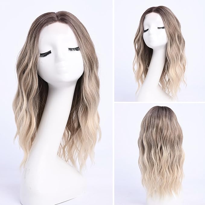 Medium Length Ombre Blonde Ash Wavy Wigs for Women 18 Inch Middle Part Wavy Blond Wig Natural Looking Dirty Blonde Synthetic Heat Resistant Fiber Dark Roots Wig for Daily Party Halloween