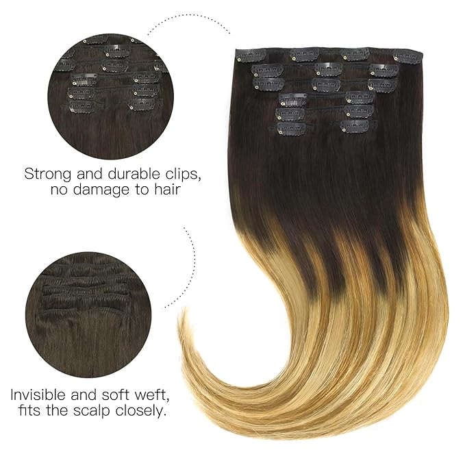 HOTBANANA Human Hair Clip in Hair Extensions, Dark Brown to Chestnut Brown and Dirty Blonde Highlighted (Warm Tone) 120g Clip in Hair Extensions Real Human Hair Straight Remy Hair 16 Inch 7pcs