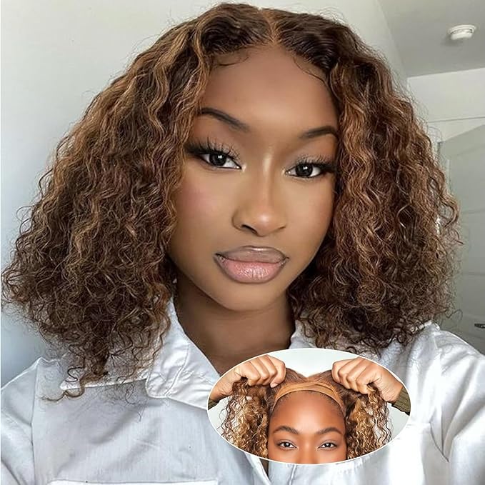 Highlight Ombre Curly Bob Wig Human Hair Glueless Pre Plucked 4/27 5x5 Hd Lace Wear And Go Closure Bob Wigs For Black Women Honey Blonde Short Water Wave Bob Wig Glueless 180% Density 10 Inch