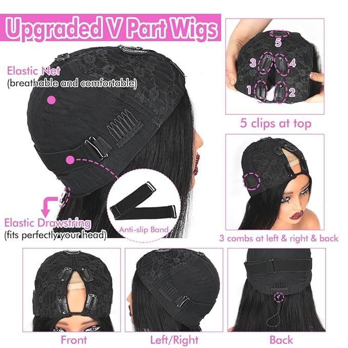 CHEETAHBEAUTY V Part Wigs Human Hair Straight V Shape Wigs for Black Women Upgrade U Part Wigs No Leave Out No Sew No Glue Clip in Half Wigs 180% Density Natural Black 16Inch