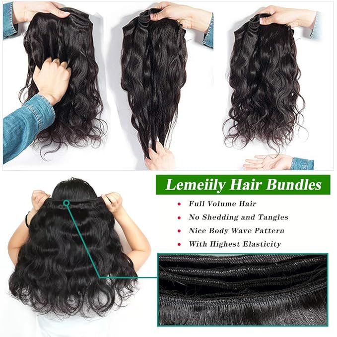Human Hair Bundles 20 22 24 Inch Body Wave Bundles Human Hair 100% Unprocessed Brazilian Virgin Hair Quick Weave Real Human Hair Extensions Natural Black