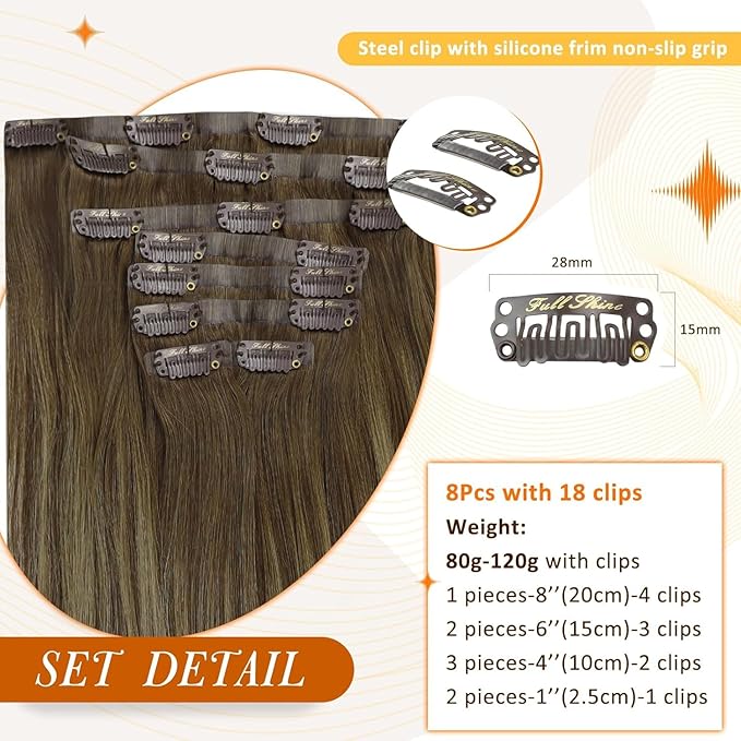 Full Shine Brown Extensions clip in Balayage Brown with Blonde Seamless Hair Extension Short 12 Inch Hair Extensions Clip in Human Hair for Women 12 Inch 95 Grams 8 PCS