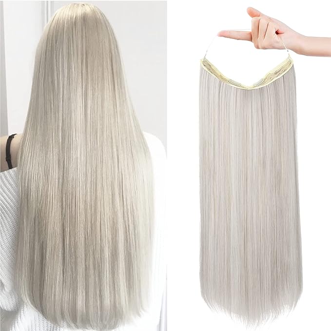 REECHO Invisible Wire Hair Extensions with Transparent Headband Adjustable Size Removable Secure Clips in Straight Secret Hairpiece for Women (20 Inch (Pack of 1), Pearl Platinum)