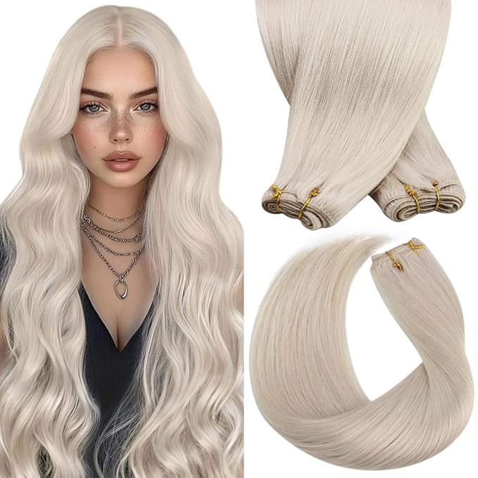 Sunny Hair Sew in Hair Extensions Real Human Hair 135g Platinum Blonde Human Hair Weft Extensions For Women Real Hair Blonde Hair Extensions Sew in Real Human Hair Full Head Long Straight Hair 24inch