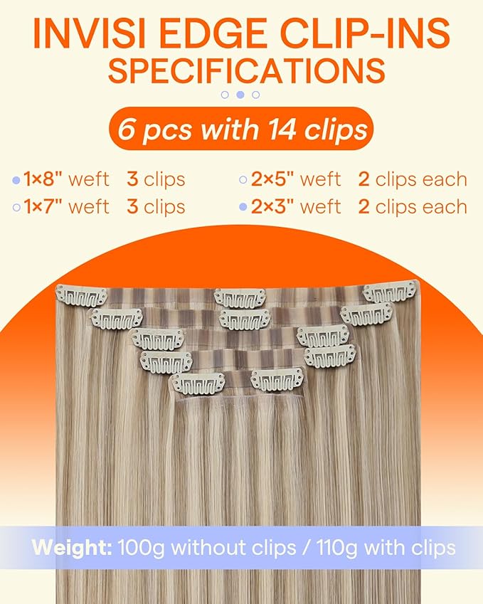Full Shine Invisi Edge Clip in Hair Extensions Balayage Highlights Blonde Mix Light Blonde Injected Seamless PU Clip in Hair Extensions for Women 6 PCS 120 G 22 Inch