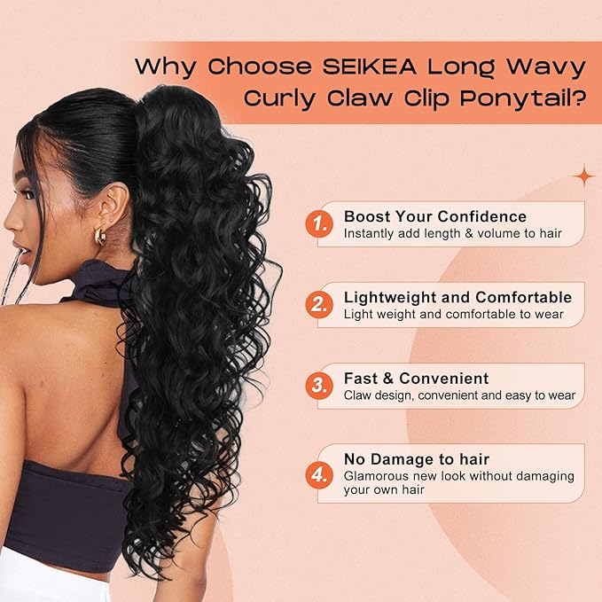 SEIKEA Ponytail Extension, 24" Fluffy Long Wavy Curly Claw Clip Hair Extensions Ponytail Multi-layered Clip in Fake Pony Tails Natural Soft Synthetic Hairpiece Black Brown