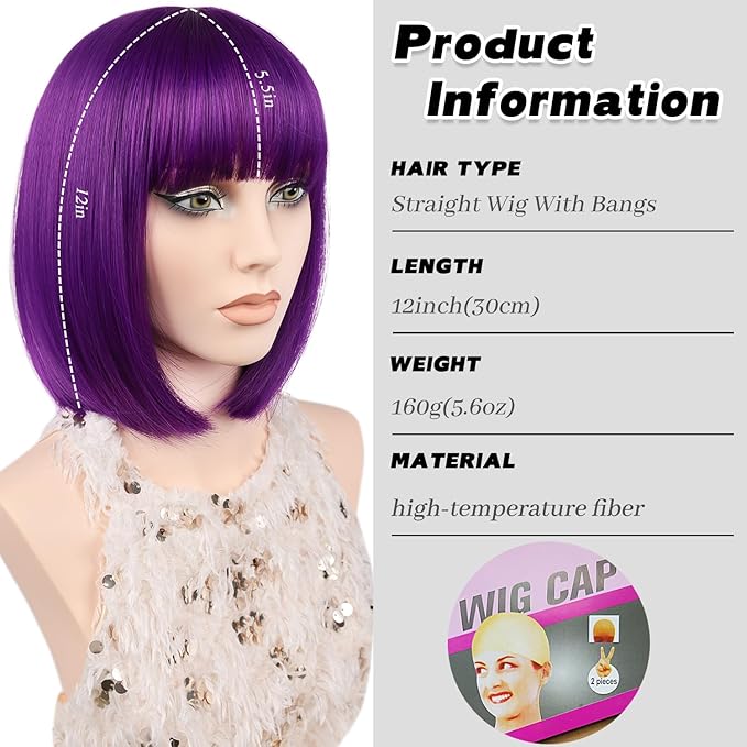 MAYSA Purple Bob Wig with Bangs for Women Short Straight Bob Wigs 12in Synthetic Cosplay Daily Party Colorful Neon Wigs # Dark Purple