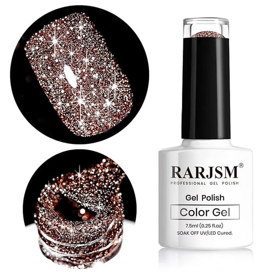 RARJSM Reflective Glitter Gel Polish,Flash Dimond Caramel Brown Gel Nail Polish Winter Colors Sparkly Shiny Nail Art U V L E D Curing Need for Manicure DIY and Nail Salon 7.5ML