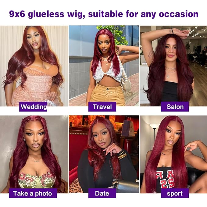CHEETAHBEAUTY 9x6 Glueless Wigs Human Hair Pre Plucked Pre Cut 24 Inch Straight 99j Burgundy Lace Front Wigs Human Hair for Women 9x6 HD Lace Glueless Wig with Elastic Drawstring 220% Density