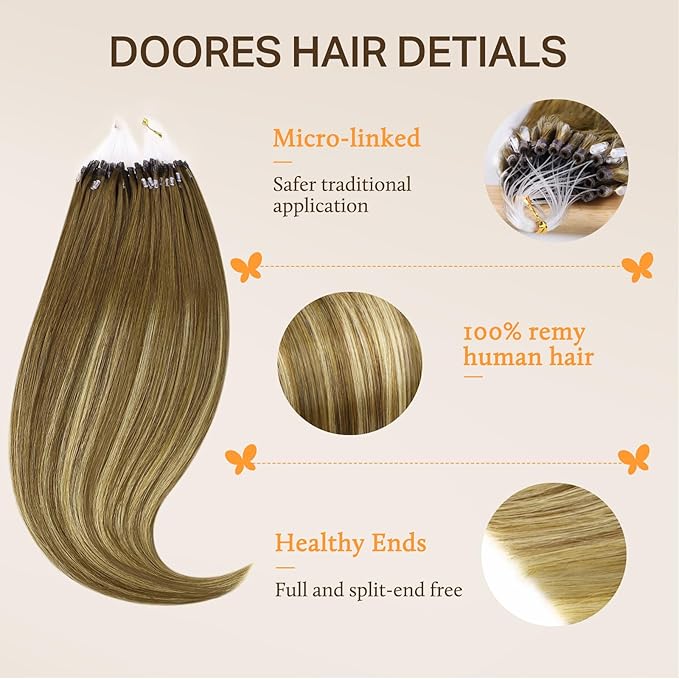 Doores Micro Ring Hair Extensions Human Hair, Medium Brown Highlighted Dirty Blonde 22 Inch 50g/50s, Straight Microlink Hair Extensions Human Hair
