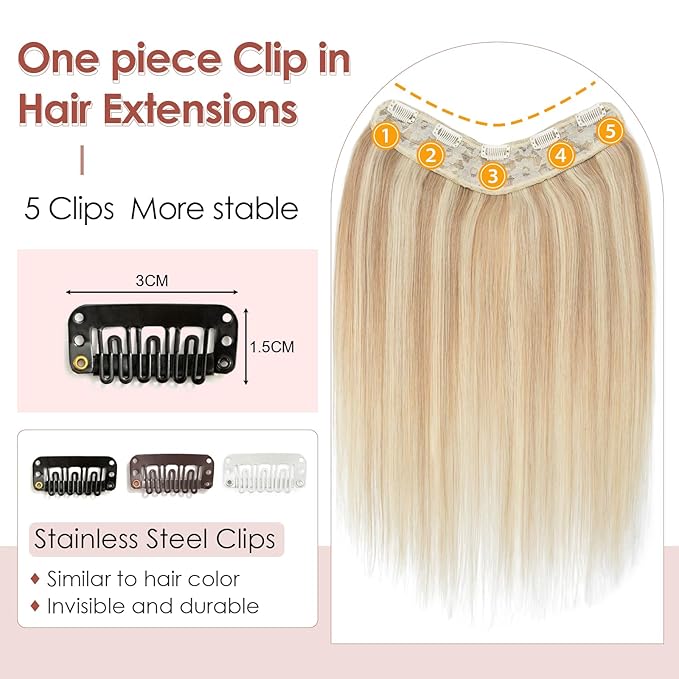 Benehair One Piece Clip in Hair Extensions Real Human Hair 3/4 Full Head Lace Net V Shaped Weft Thicker Hair One Piece Hair Extensions with 5 Clips (12"-55g #18P613 Ash Blonde Mixed Bleach Blonde)