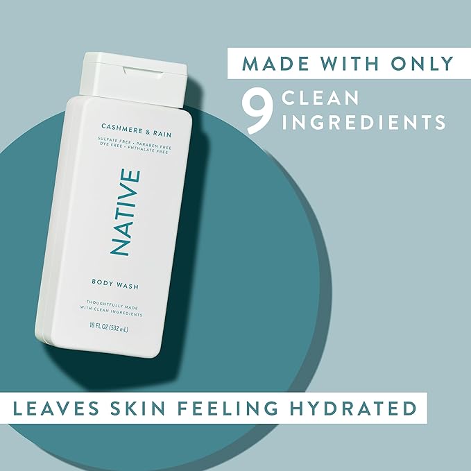 Native Body Wash Contains Naturally Derived Ingredients | For Women & Men, Sulfate, Paraben, & Dye Free Leaving Skin Soft and Hydrating | Cashmere & Rain 18 oz
