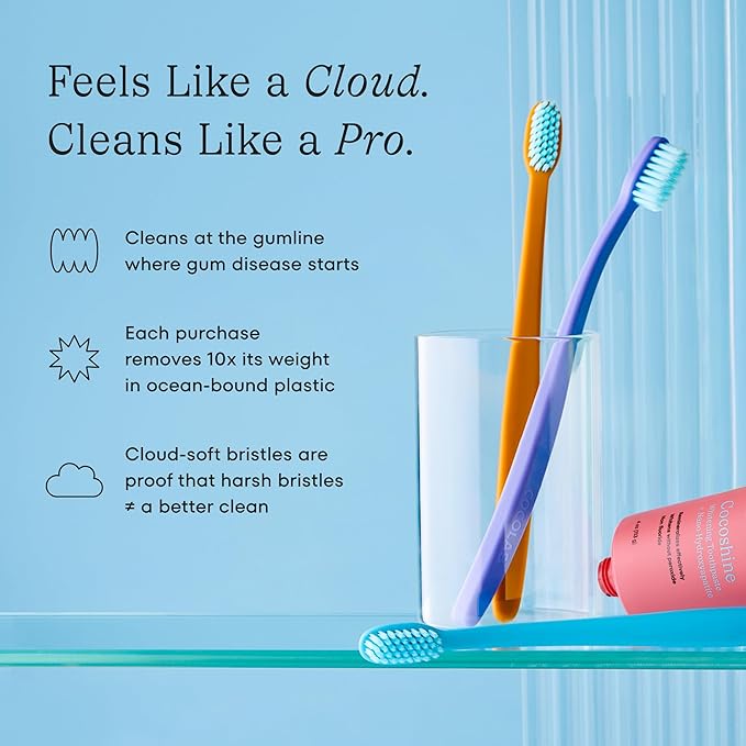 Cocolab Cocobrush, Ultra-Soft Manual Toothbrush, Dentist-Designed, Gentle on Gums, Made from Recycled Plastic, Cherry Blossom