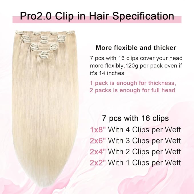 Pro2.0 Clip in Hair Extensions Real Human Hair 22inch 7pcs #60 Platinum Blonde Remy Real Hair Extensions Clip in Human Hair 120g Thick Double Weft for Women（#60-22inch）