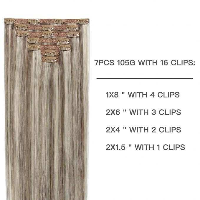 Highlights Clip in Hair Extensions Real Human Hair Ash Brown Highlights Platinum Blonde 100% Remy Human Hair 14 Inch Clip ins Short Hair Extensions Lace Weft 7 pcs 105g