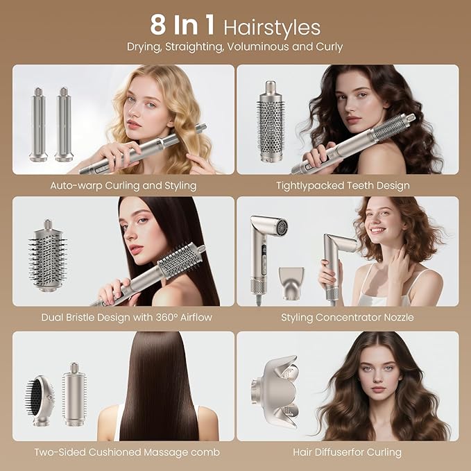 Hot Air Styler & Blow Dryer Brush 8-in-1, Ionic Hair Styler for Volumizing, Curling, Straightening, Fast Drying with Auto-Wrap Curlers, Frizz-Free & No Heat Damage, Ideal Gift for Women