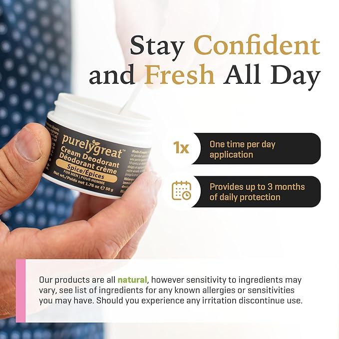 Purelygreat - Spice Scent Cream Deodorant, Chemical-Free Hygiene Essentials for Women, Natural Deodorant for Men with Soda & Corn Starch, No Sticky Residue, Parabens & BPA, 1.76 oz / 50 g